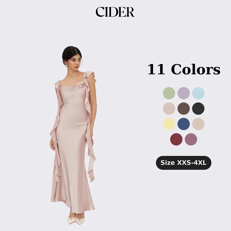 Cider Women's Woven Satin Draped Cowl Neck Sleeveless Maxi Dress - Plain Polyester Formal Wear with Ruffle Hem, Wedding Shower Guest Attire, Party Chic Maxi Length Outfit
