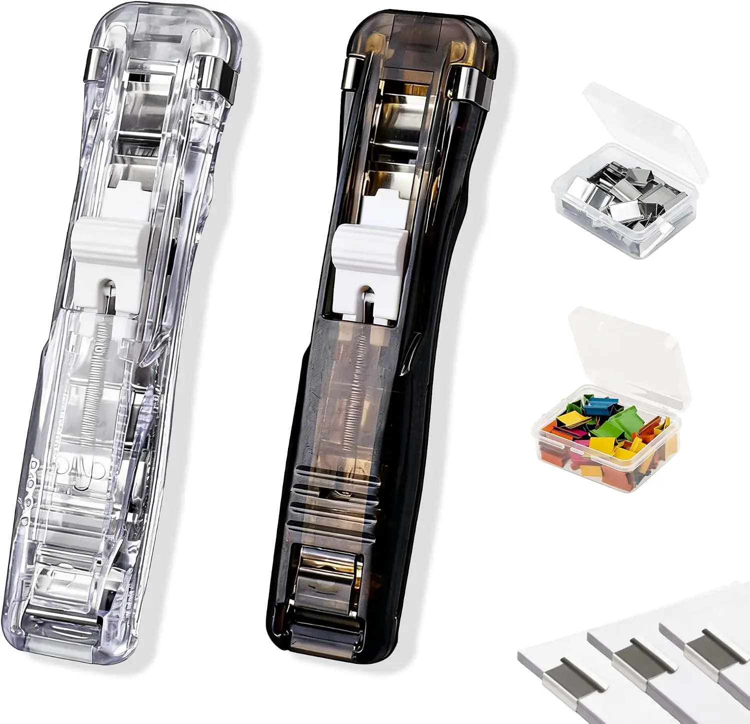 Portable Binder Clip Stapler, 2 Pack Damage-Free & No-Hole Paper Clamp Dispenser with 100 Metal Clips, Handheld Stapleless Stapler for Office Home School Document Organization