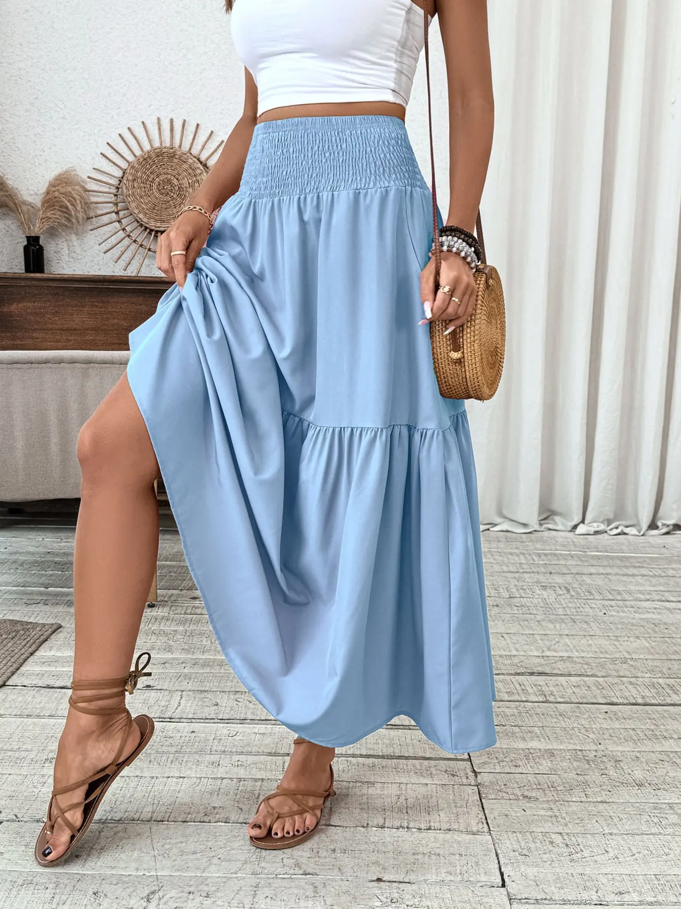Women's Casual Feminine Ditsy Floral Print Elastic Waist Pockets A-Line Skirt, Fashionable Chic Fitted Long Skirt,