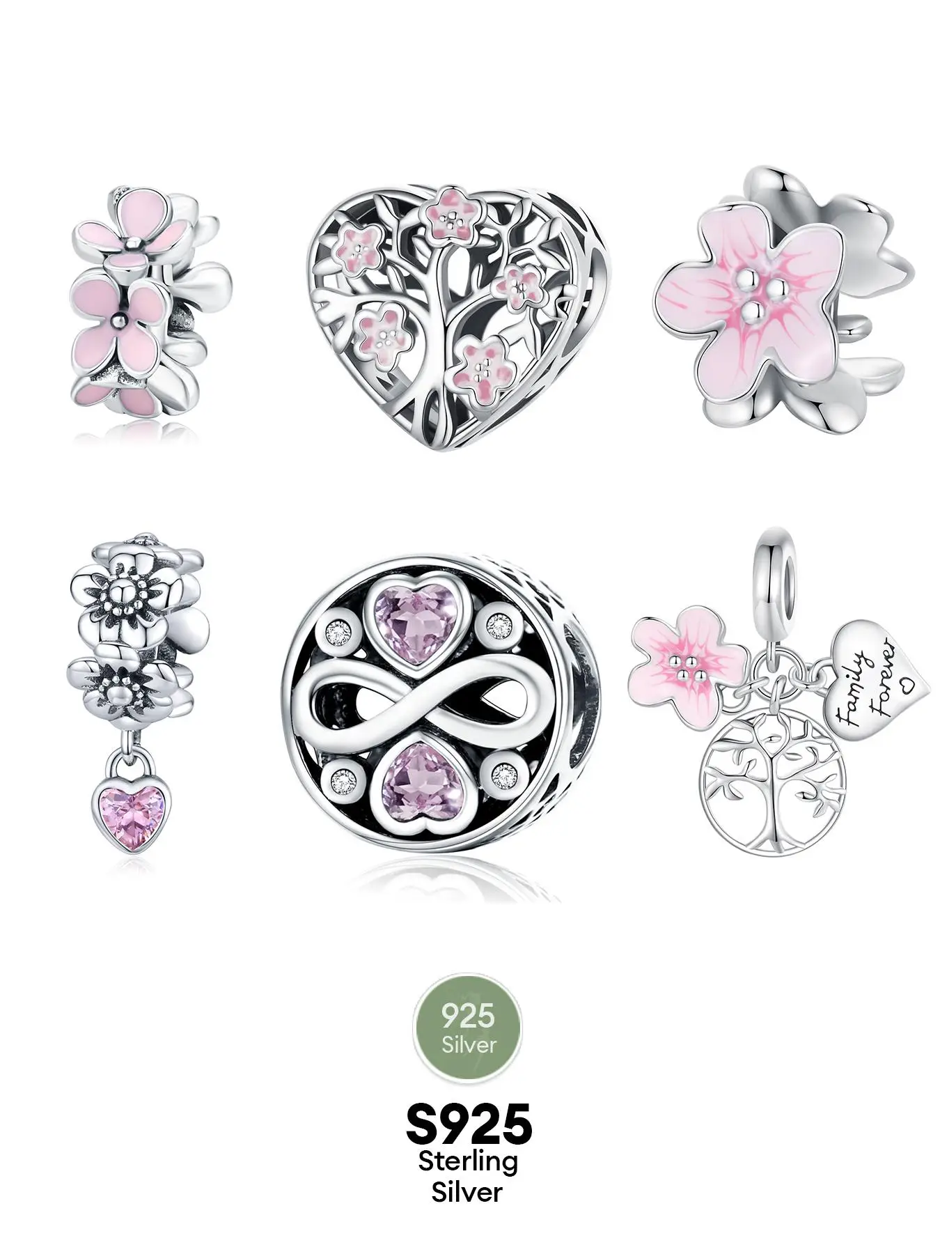S925 Sterling Silver Cute Flower & Heart & Tree Design Pendant, 1 Count Artificial Zircon Decor Charm for Necklace & Bracelet Making, Fashion Accessor