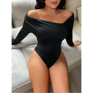 Asymmetrical Neckline Black Long Sleeve Bodysuit, Off The Shoulder Bodysuit, Black Bodysuit Women,Fall Clothes For Women, Going Out ,Club Outfits Women Sexy, Off Shoulder Top, Black Off Shoulder Bodysuit ,Elegant