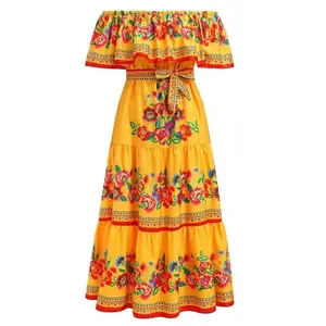 Women Mexican Dress Summer Floral Print Traditional Ethnic Wear Off Shoulder Beach Holiday Party Long Maxi Gowns Bohemian Boho(Sheet)