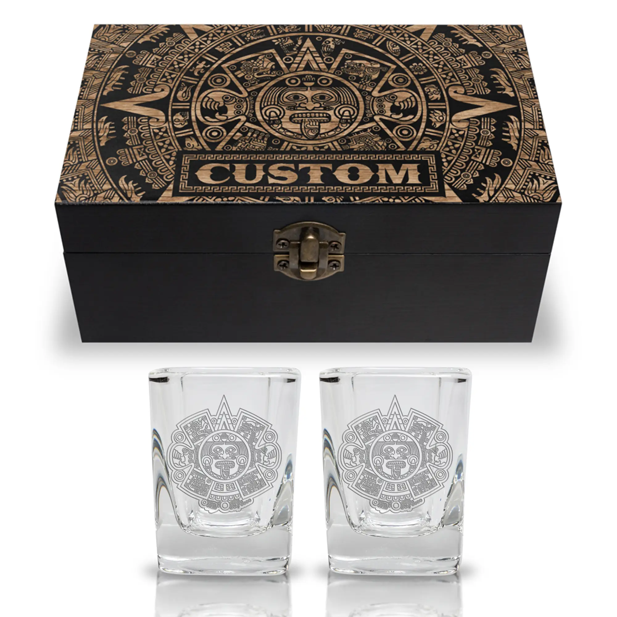 Custom Shot Glass Boxsets - Two Shot Glasses Included - Customizable Gift - Engraved Wooden Box Drinkware Stylish