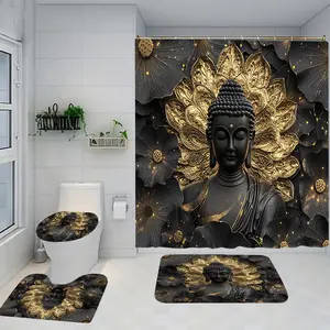 Buddha Pattern Shower Curtain Set with Rug, Non-Slip Bath Mat, U-Shaped Toilet Lid Cover Pad, Modern Home Decor Accessories, Bathroom Decoration Accessories