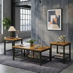 Industrial 3 Piece Coffee Table Set with Metal Frame and Mesh Storage Shelf, Rustic Brown Rectangular Coffee Table with 2 Square End Side Tables, Adjustable Legs Multifunctional Living Room Table Set for Home Apartment Office Decor