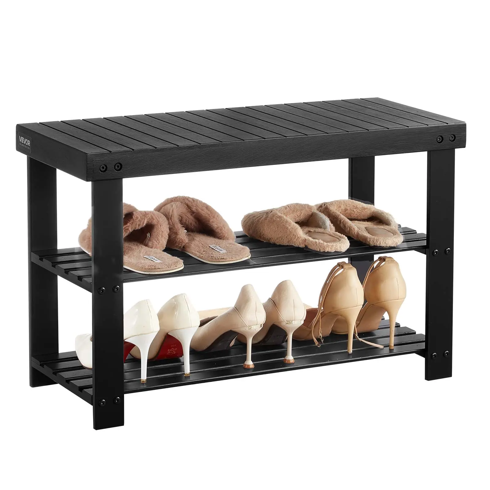 【SummerFinds】VEVOR Bamboo Entryway Bench - 3-Tier Wood Stand with Seating Top, Adjustable Shoe Cabinet, 286lbs Max Load, 27.6x11.3x17.8in Black, Fast Video Assembly, Single Unit for Households, Entryway Table & Space-Saving Organization