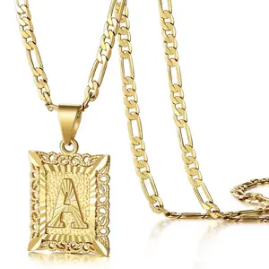 14K Gold Plated Square Initial Necklace Cuban Link Chain Men Women Stainless Steel Letter Pendant A-Z Alphabet Charm Hip Hop Jewelry Personalized Gift