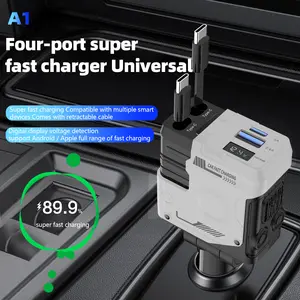 A1 Mecha 66W Fast Car Charger | 4-in-1 PD3.0 Cigarette Lighter Adapter with Retractable Cable
