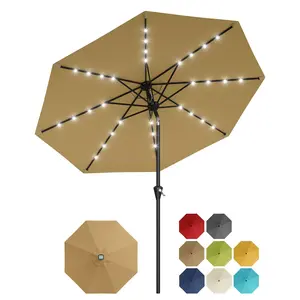 10FT Solar Patio Umbrella with 32 LED Lights – Outdoor Market Shade, UV Protection, Crank Lift, Push Button Tilt, 8 Sturdy Ribs, Easy Assembly – Patio, Garden, Pool, Deck