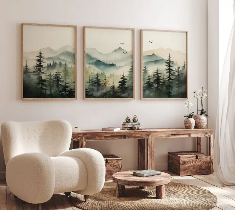 Mountains Wall Art Set of 3 Watercolor Green Forest Tree Mountain Range Nature Landscape Prints Modern Art Woodland Nursery Decor