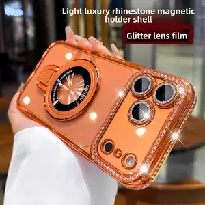 iP17ProMax/Air Phone Case 16/15/14/13 Electroplated Rhinestone Transparent Magnetic Stand HD Lens Film Anti-Scratch Shockproof Anti-Drop Anti-Fingerprint Smartphone Protective Cover
