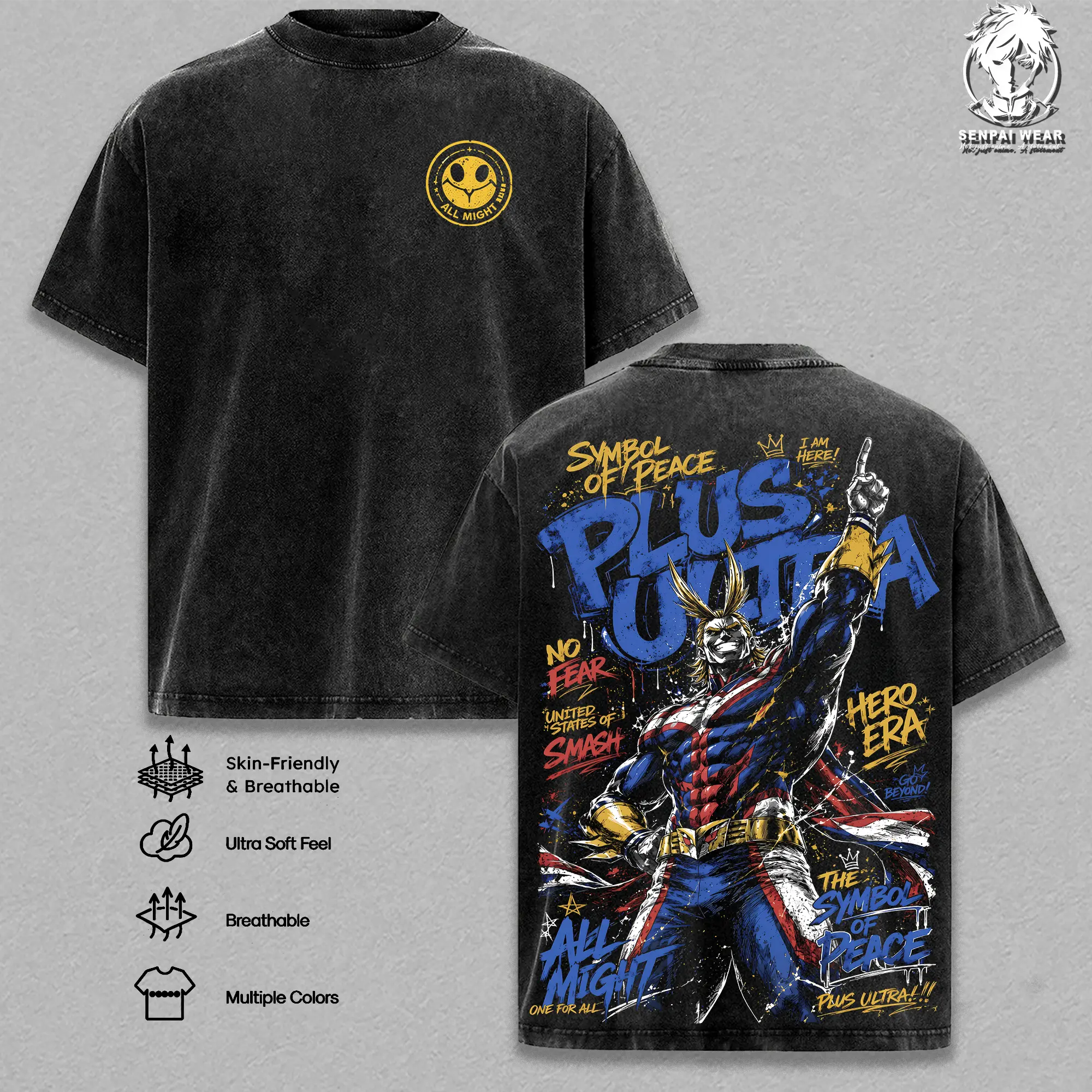 All Might My Hero Academia Vintage Washed Anime T-Shirt Symbol of Peace Hero Graphic Tee Oversized Heavyweight Cotton Shirt Unisex Manga Streetwear Top Gift for MHA Fans