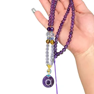 Amethyst Dream Crystal Sphere Pendant Necklace with Baltic Amber Gold Crystal and Rainbow Highlights