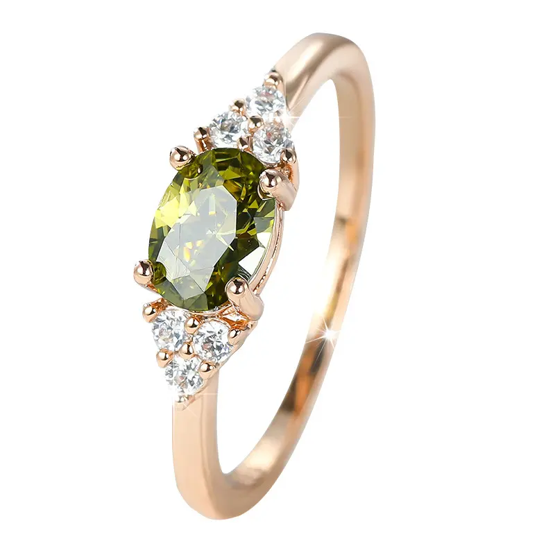 Rose-Gold-Tone Copper Ring with Olive-Green Oval Faceted Centerpiece and Clear Accent Stones, Vintage-Inspired Statement Ring for Women
