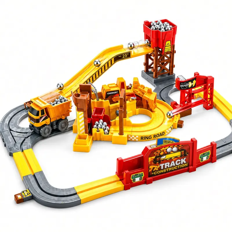 Construction Truck Track Set for Kids with Motorized Dump Truck, Ball Run and Loading Station, Interchangeable Motor Chassis, Quarry Construction Site Playset