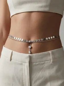 Teardrop Belly Button Ring with Disc Waist Chain for Women Silver Dangle Navel Piercing Sexy Stomach Belly Chains Body Chain Adjustable Waist Jewelry Summer Beach Bikini Accessories