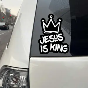 Weather-resistant "Jesus is King" Christian vinyl decal, Vinyl Sticker, with crown design - durable, suitable for cars, walls, windows | bold black and white font, car decoration