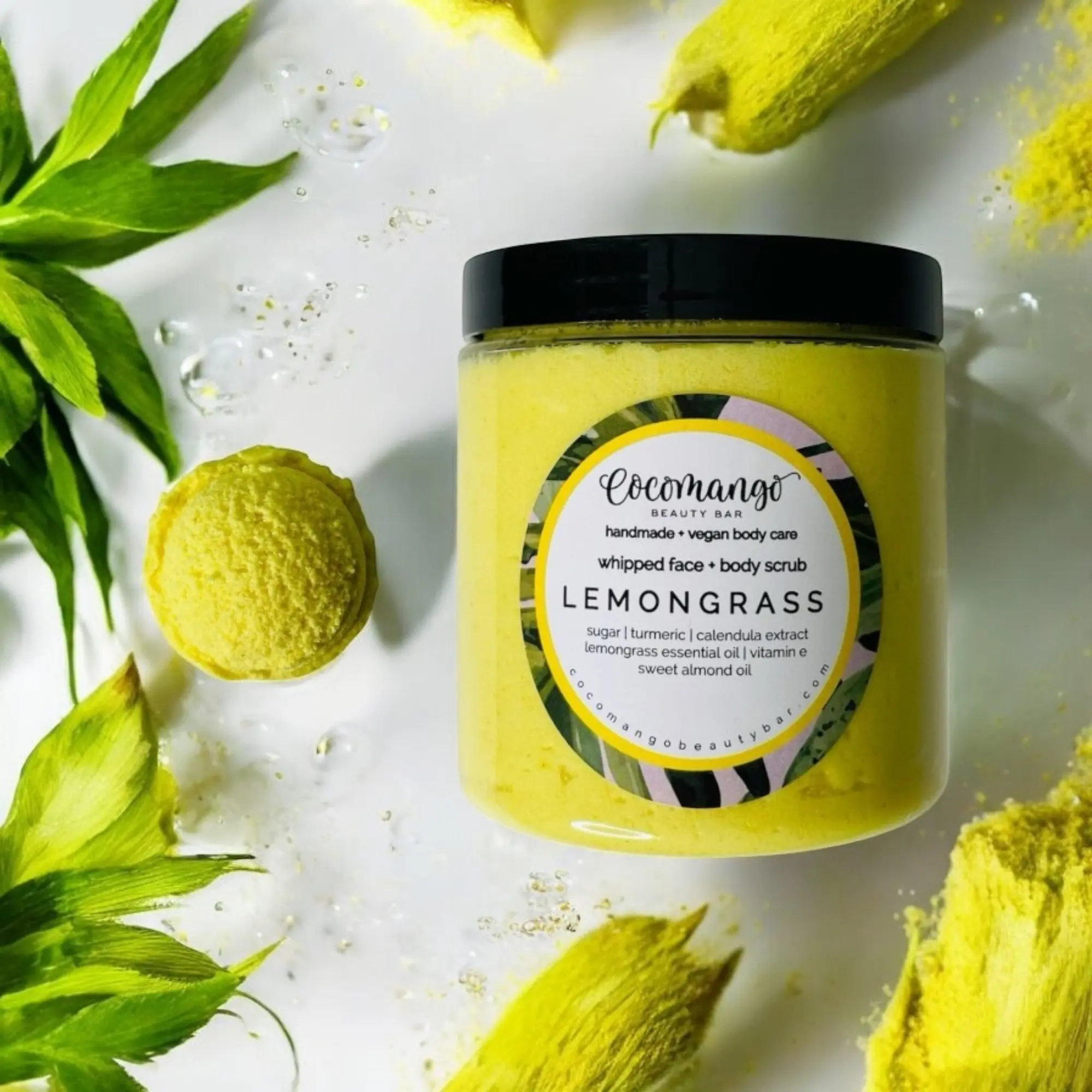 5oz Cocomango Beauty Bar LEMONGRASS Brightening Turmeric Foaming Whipped Sugar Scrub | Exfoliating Body Care with Turmeric, Lemongrass Essential Oil, Sweet Almond, and Vitamin E Oil