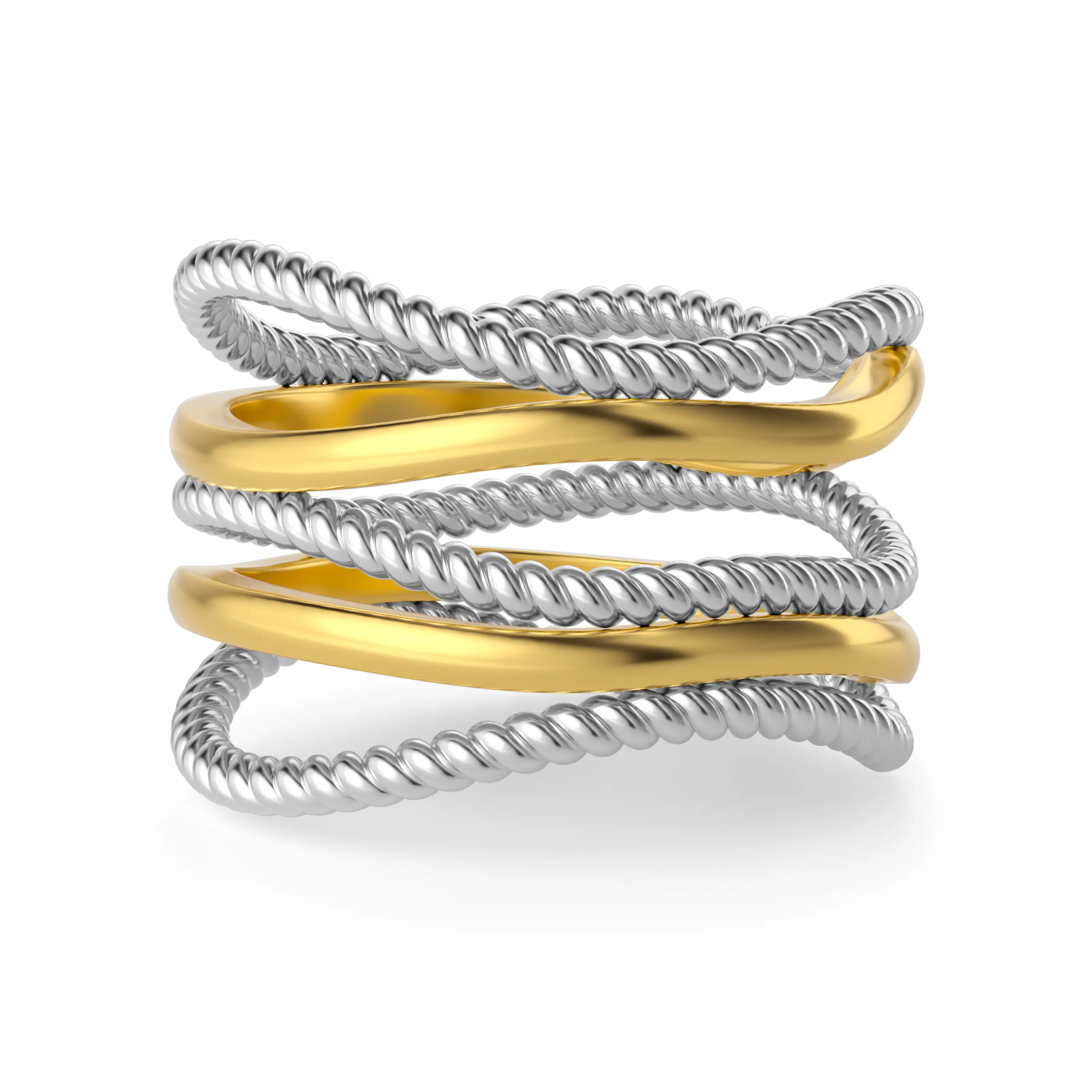 Mytys Simple Lines Cable Twisted Staggered Ring Two Tone Hollow Ring Luxury Jewelry For Women,Ideal Gifting