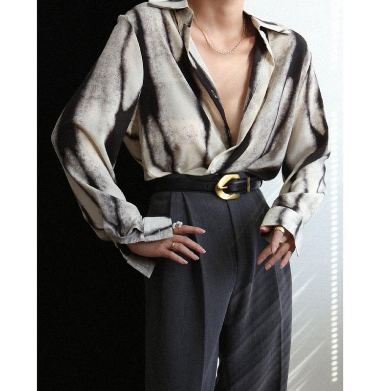 Commense Tie Dye Oversized Button Down Shirt black size M Adult Blouses Casual Long Sleeve