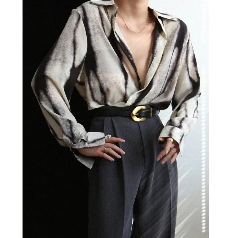 Commense Tie Dye Oversized Button Down Shirt black size M Adult Blouses Casual Long Sleeve