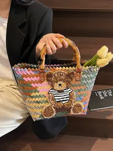 2026 New Cute Bear Woven Bag, Beach Vacation Grass Straw Basket, Super Trendy Bamboo Knot Handle Fruit Basket