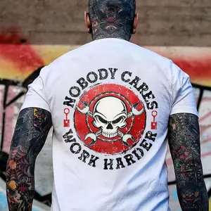 NOBODY CARES WORK HARDER Skull&Wrench Print Men's T-shirt, Menswear Graphic Tee Casual Streetwear Top Crewneck Tshirt