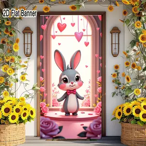 2D flat banner, 1pcCute Cartoon Gray Rabbit Backdrop with Pink Ears Bow Tie, Whimsical Pink Rose Heart Decor for Romantic Pastel Theme Party, Arch Window Platform Background for TikTok Videosgalentines party decor, valentine day decor, decorations fo