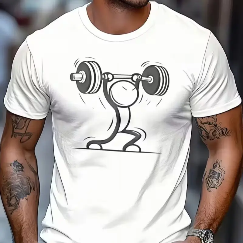 Men'S Fun Style "Little Man Lifting Weights" Graphic T-Shirt, Fitness Humorous Minimalist Short Sleeve, Summer Casual Versatile Top