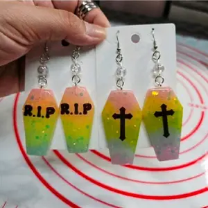 Rainbow Coffin Earrings with R.I.P. Text and Cross Design for Unique Halloween Jewelry