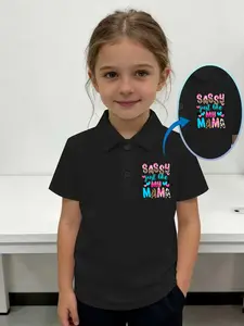Girls' Summer Fashion Leopard Letter Print Short Sleeve Polo Shirt, Breathable Casual Sports Base Layer, Medium to Large Kids