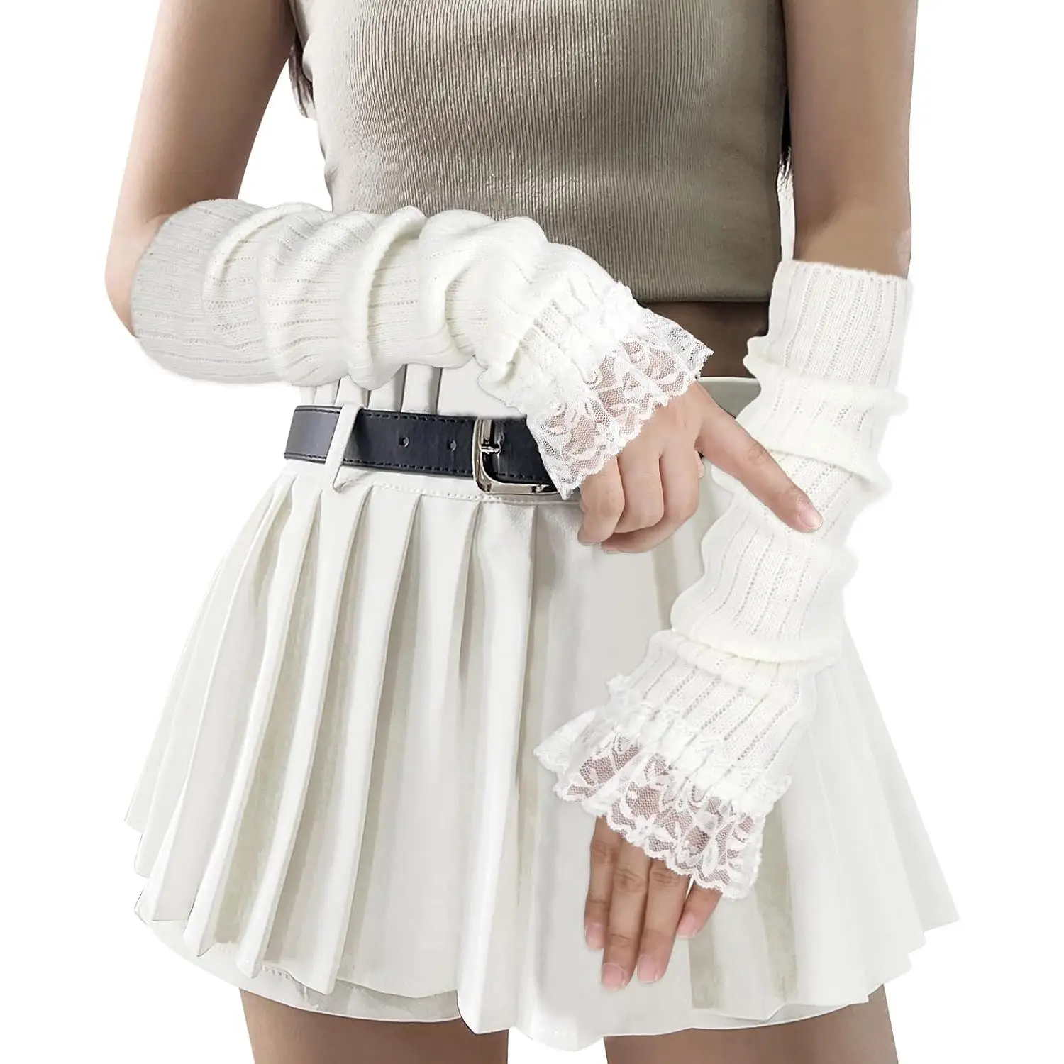 Arm Warmers for Long Sleeve Fingerless, Y2K Cool Girls Arm Covers, White Cute Harajuku Knitted Lace Arm Sleeve