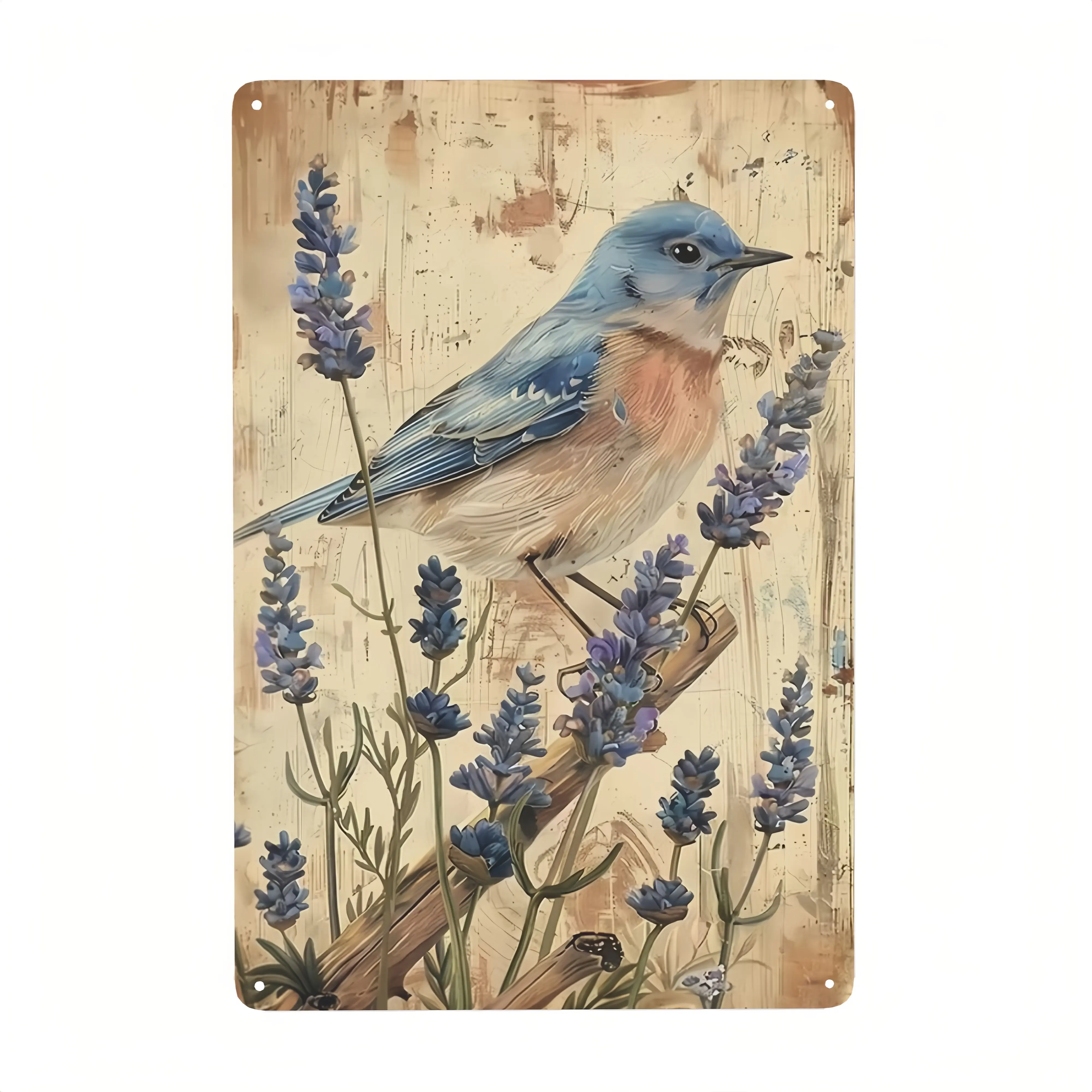 Vintage Distressed Metal Tin Sign - Eastern Bluebird on Wood Stick, Lavender Flowers, Cream Grunge Wall Plaque, Shabby Chic Cottagecore Home Decor for Farmhouse Porch, Sunroom, Girls Bedroom Decoration