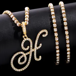 Fashion A-Z Cursive Letter Zircon Tennis Chain Necklace For Women Bling Iced Out Initial Pendant Necklace Hip Hop Jewelry