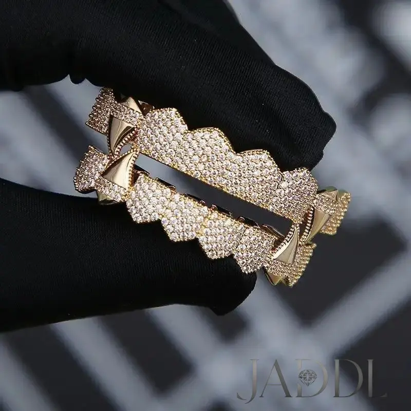 JADDL Hip Hop 2pcs Set Full CZ Stones Teeth Grillz Cubic Zirconia Iced Out Micro Pave Top & Bottom Charm for Men & Women Jewelry Bling Glam Fashion Oral