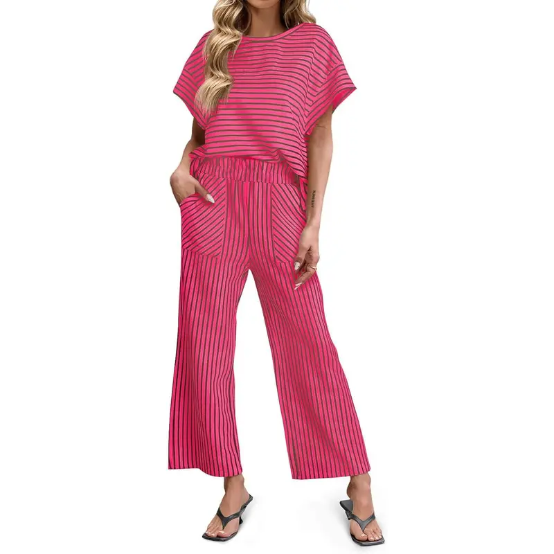 Tankaneo Womens Striped 2 Piece Outfit S-2XL – Short Sleeve Tee & Wide Leg Pants, Pockets, Summer Lounge Wear​