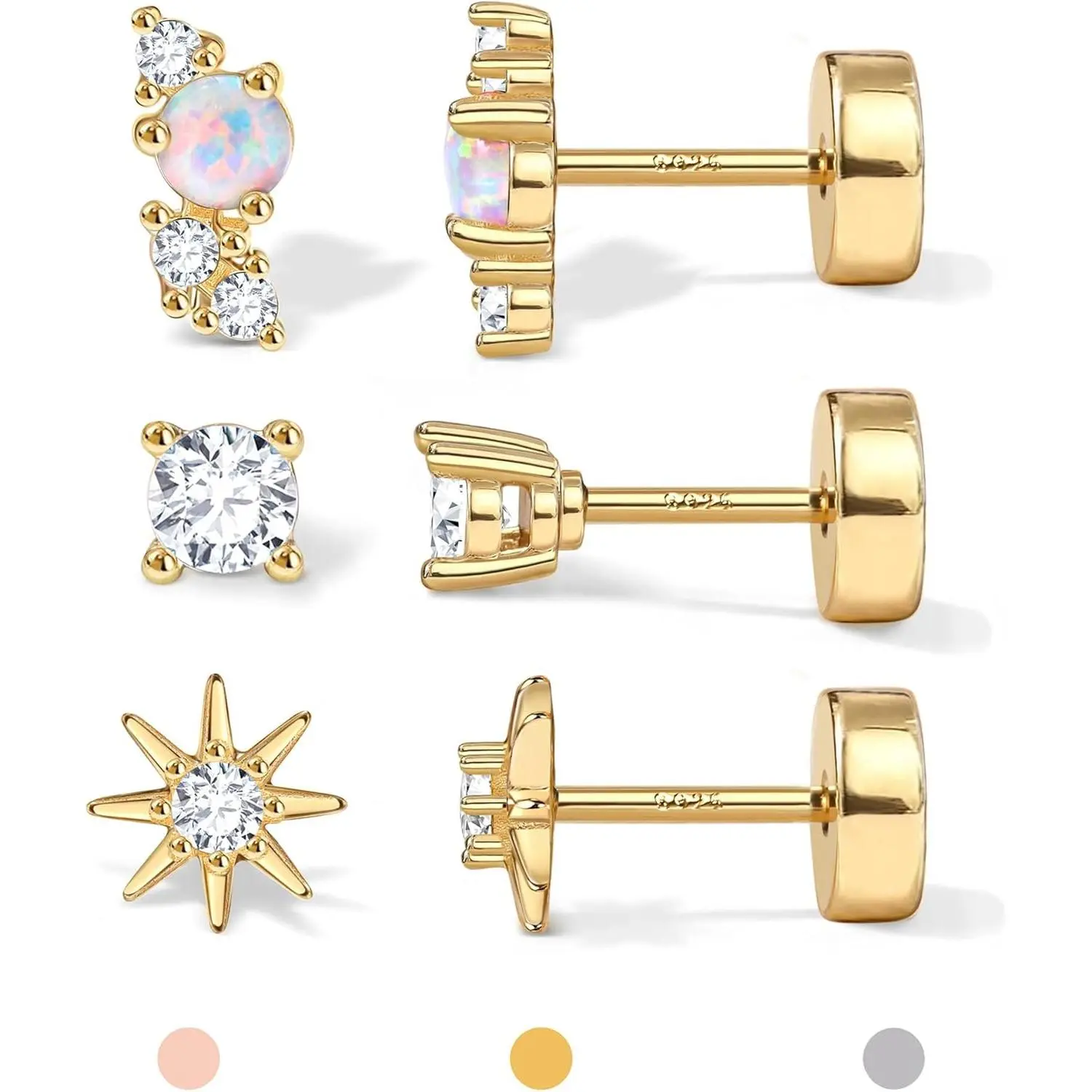 Women’s YADOCA Lightweight Plated Metal 925 Sterling Silver Post Flat Back Stud Earrings Set - 3 Pairs Tiny Screw Dainty CZ Opal, All Night Comfort, Helix Piercing Jewelry for Cartilage Tragus (Vertical Helix Style)