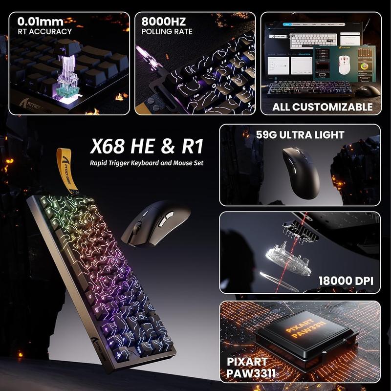 ATTACK SHARK X68HE Wired Gaming Keyboard & R1 Mouse Combo with G300 Active Noise Cancelling Gaming Headset,8KHz Magnetic Switch Keyboard, 16.8M RGB, Custom Actuation, 55g Ultra-Light Mouse with 18,000 DPI & Tri-Mode Connectivity for PC Mac Gamers