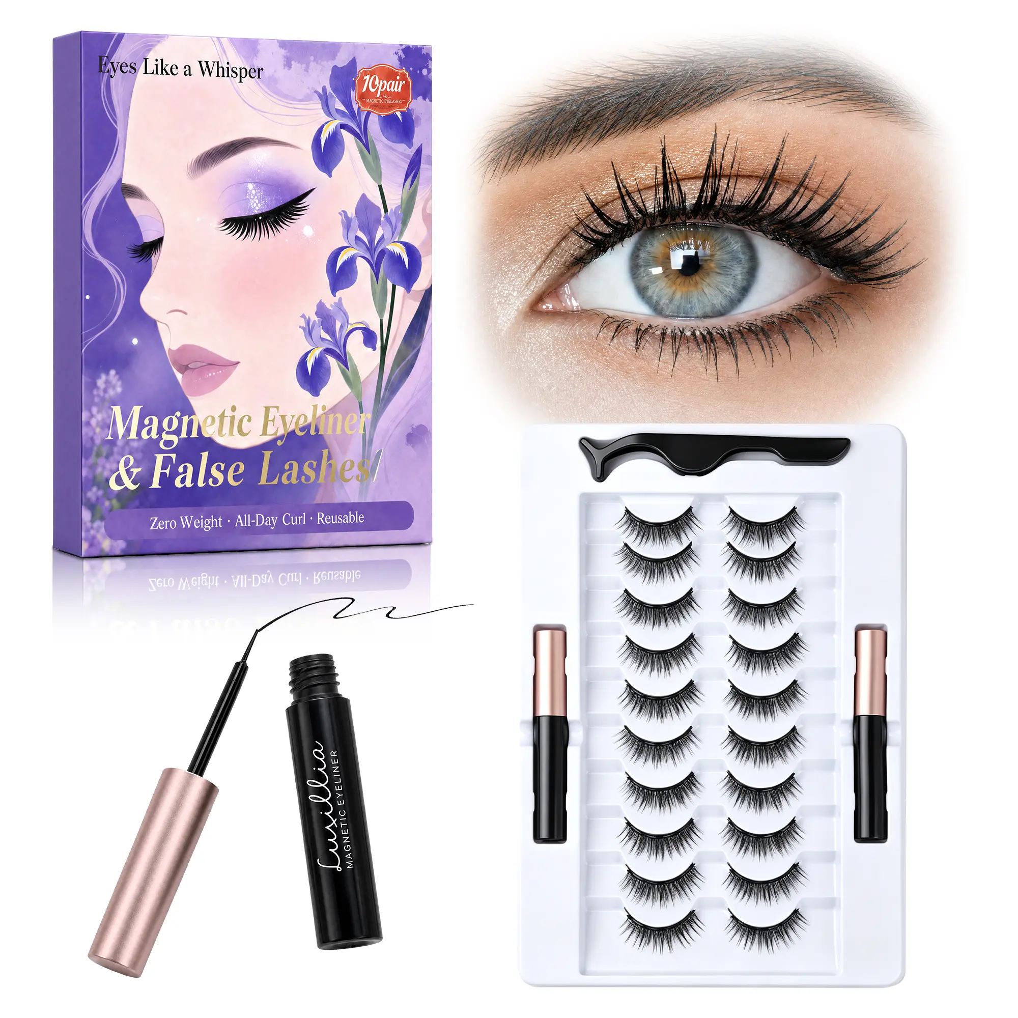 Magnetic Eyelashes and Eyeliner Kit, 10 Pairs Reusable Glue-Free False Lashes with Applicator, Waterproof Lightweight Eye Makeup Set