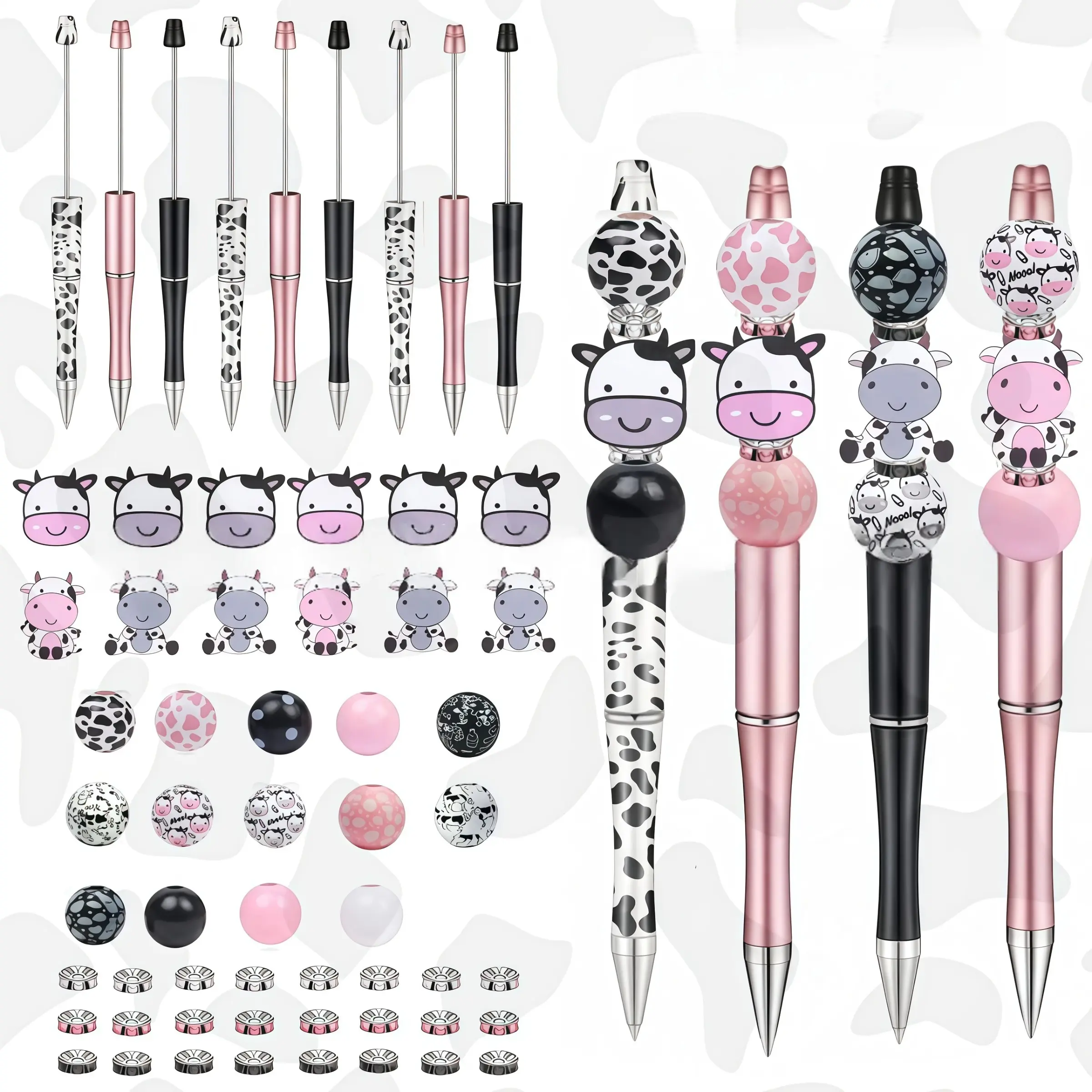 Cute Cow Theme DIY Beaded Pen Set, Crystal Pearl Spacer Kit, Unisex Gift, Office Supplies, DIY Pearl Pens, Men and Women