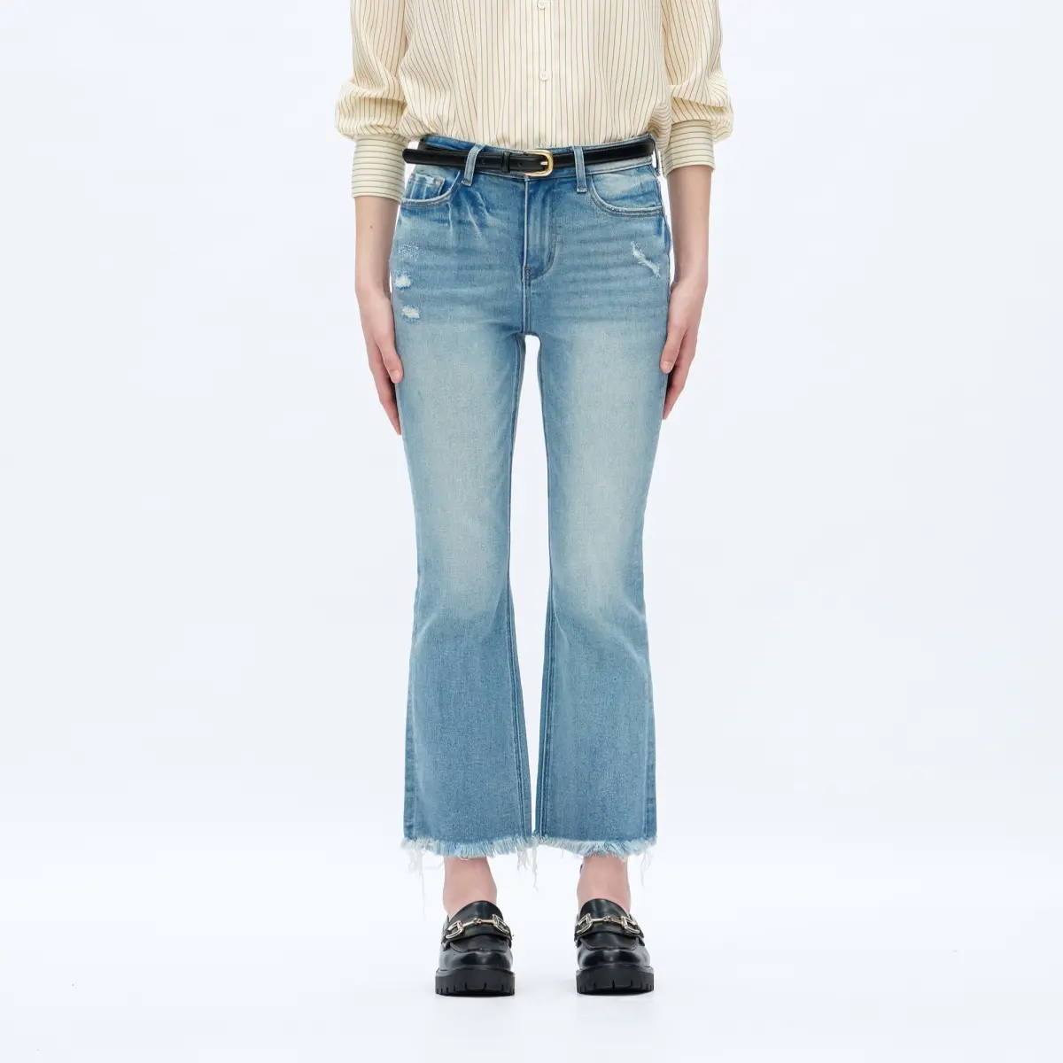 Vogatiques High Rise Crop Flare Jeans Distressed Raw Hem Wide Leg Denim Pants