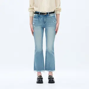 Vogatiques High Rise Crop Flare Jeans Distressed Raw Hem Wide Leg Denim Pants