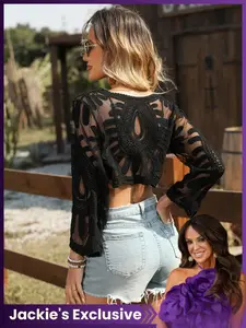 【Jackie's Exclusive】Women's Floral Embroidery Semi-Sheer Scallop Trim Cover-Up, Casual Long Sleeve Round Neck Design, Perfect for Beach Vacations & All-Season Wear