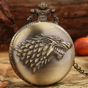 Game of Thrones Winter is Coming Carving Ancient Wolf Numerals Quartz Pocket Watch with Chain