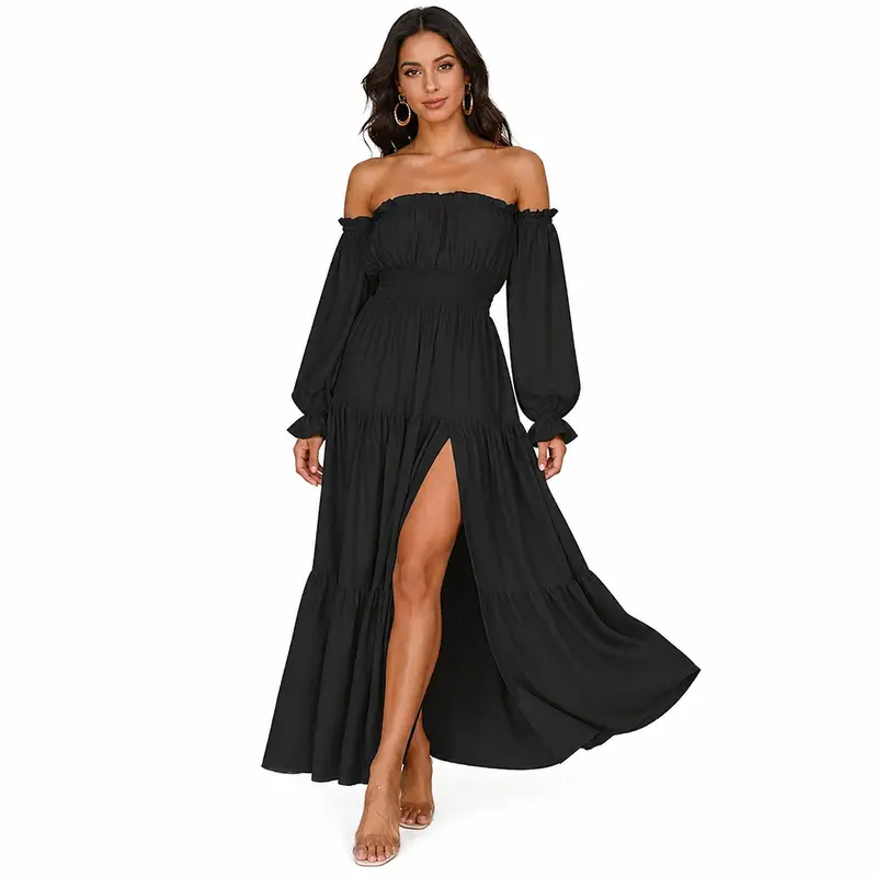 knee length dresses for ladies Leah Off Shoulder Dress 8 / Black main image 1
