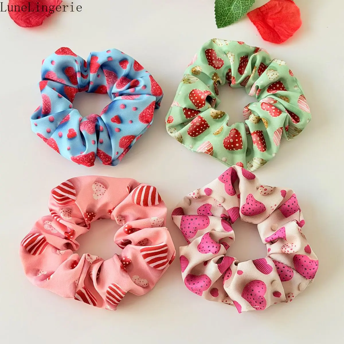 Women's 4-PCS Strawberry & Heart Print Scrunchies, Soft Fabric Elastic Hair Ties, Whimsical Valentines Day Accessories for Women, Sports & Outdoor Hair Accessories Set, Whimsical Hair Accessories