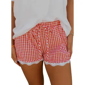 Red Gingham Plaid Tie Elastic Waist Lace Patchwork Hem Casual Shorts