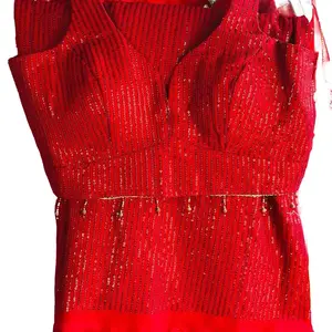 Sequence Sari fall pico done with Boutique Stitched Blouse Size 38/40 - Red Fabric, Button Front, Comfortable Wear - Top, Shirts