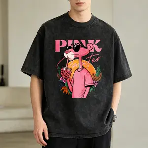 Men's Vintage Washed T-Shirt Pink Panther Character Design Art Oversized Graphic Tee Outdoor Casual Short Sleeve