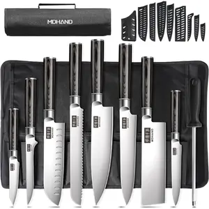 MDHAND Chef Knife Set with Roll Bag, 9PCS Professional Knife Sets with Sharpener, High Carbon Stainless Steel Japanese Kitchen Knives - Black Pakkawood Handle, Dishwasher Safe, For Cooking, Chef Gifts